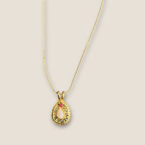 Vintage Gold-Tone Necklace Opal & Ruby Teardrop Pendant 18 Inches Long Jewelry